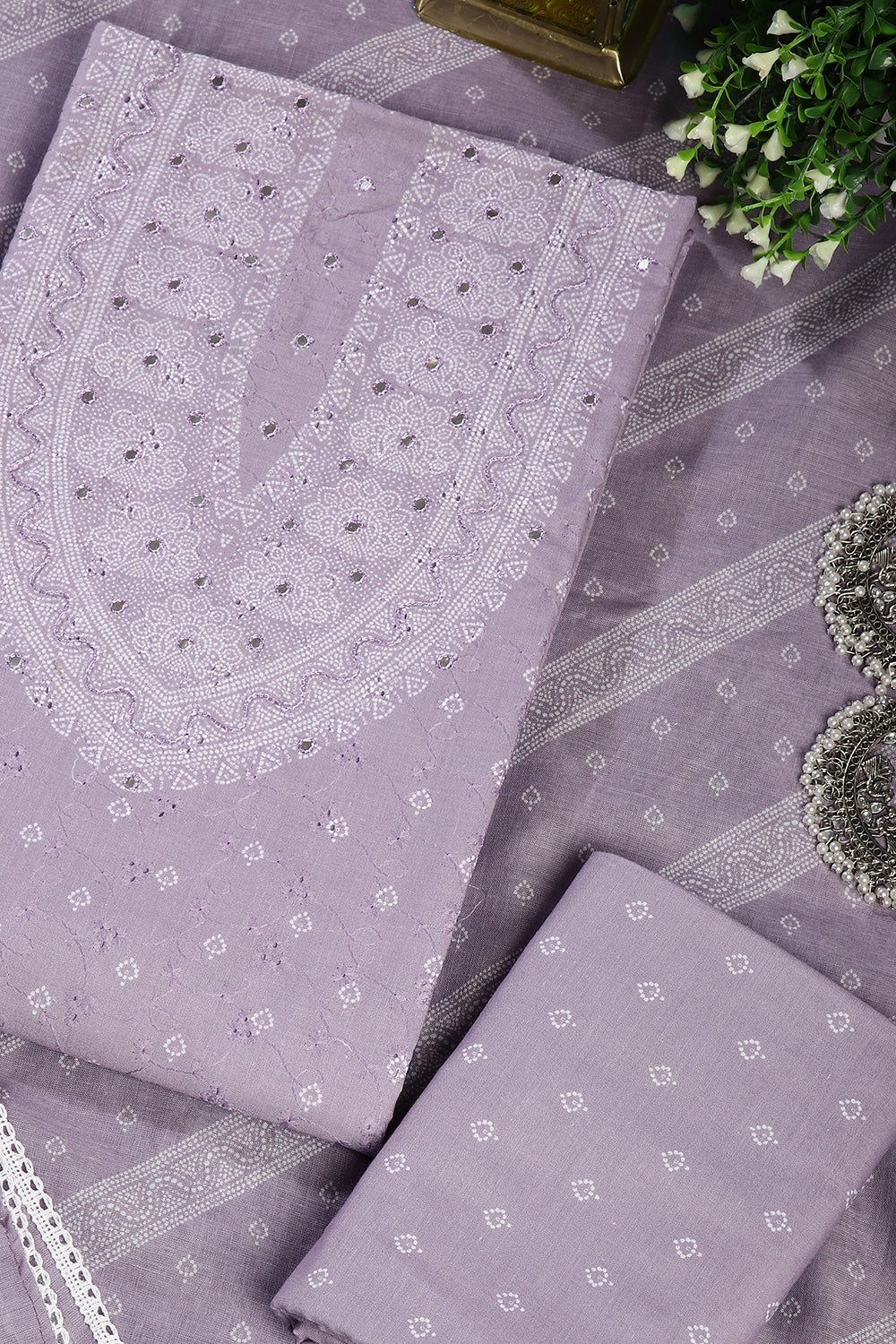 Lavender Color Printed & Resham Embroidered Unstitched Suit