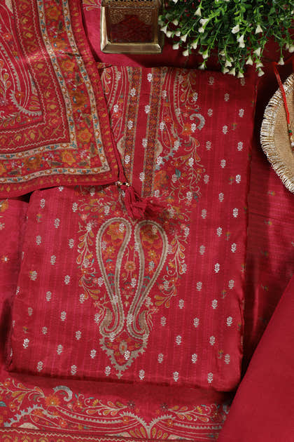 Red Zari Woven And Printed Silk Unstitched Suit Material
