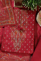 Red Zari Woven And Printed Silk Unstitched Suit Material