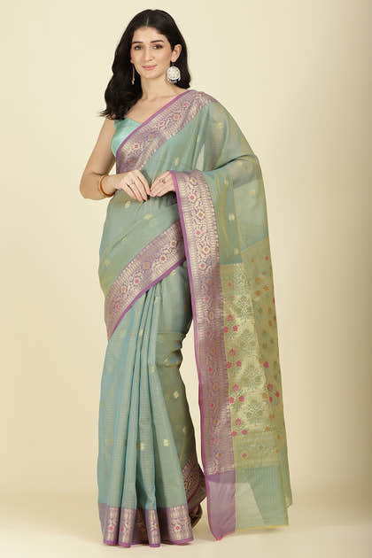 Sea Green Kota Cotton Zari Woven Saree