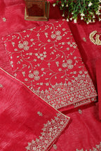 Cherry Red  Tissue Silk Zari Embroidered Unstitched Suit Material
