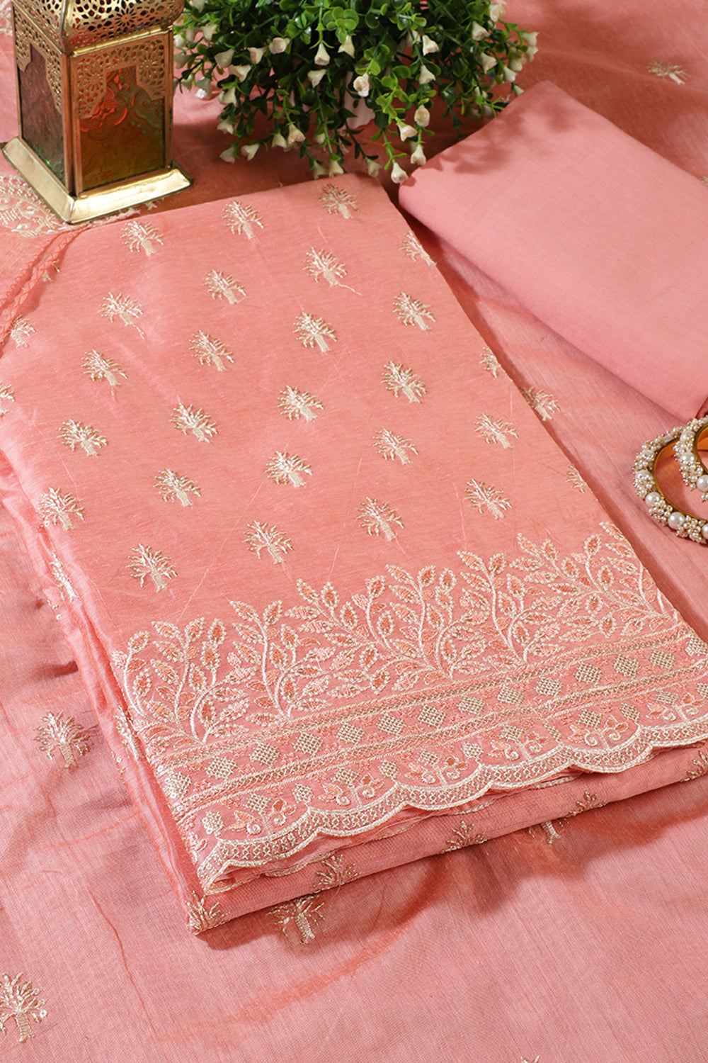 Peach Chanderi Silk Embroidered Unstitched Suit Material