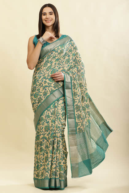 Beige & Teal Cotton Silk Floral Printed Saree