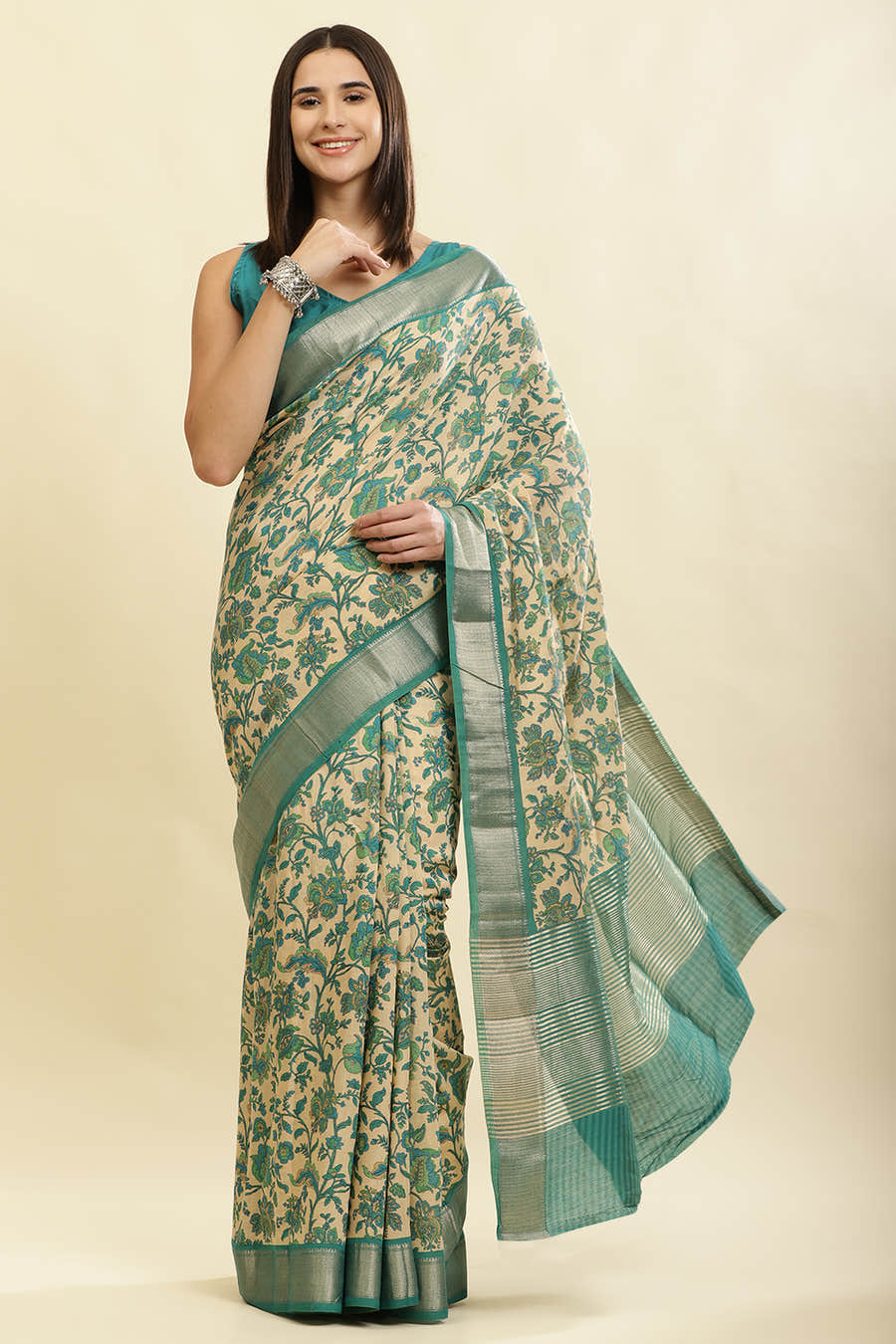 Beige & Teal Cotton Silk Floral Printed Saree