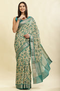 Beige & Teal Cotton Silk Floral Printed Saree