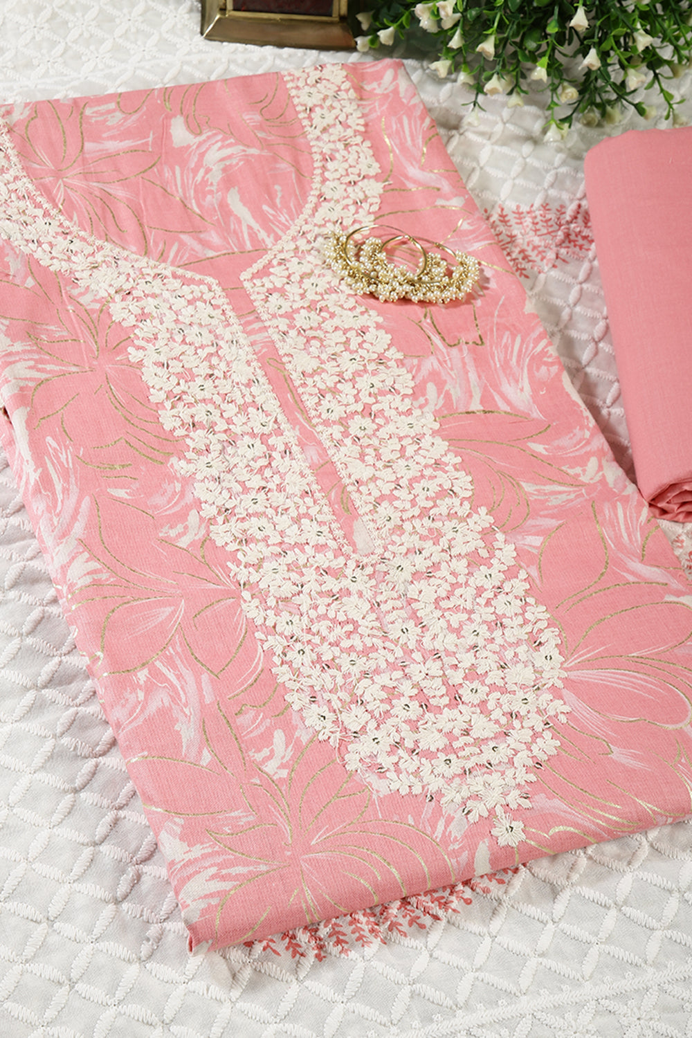 Pink Colour Cotton Printed & Resham Neck Embroidered Unstitched Suit