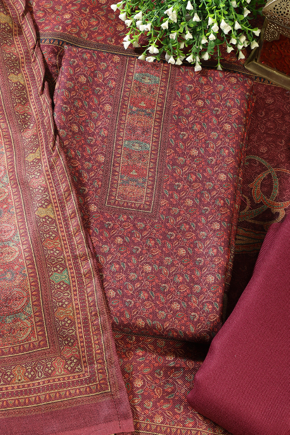 Dark Scarlet Pashmina Floral Printed Unstitched Suit Material