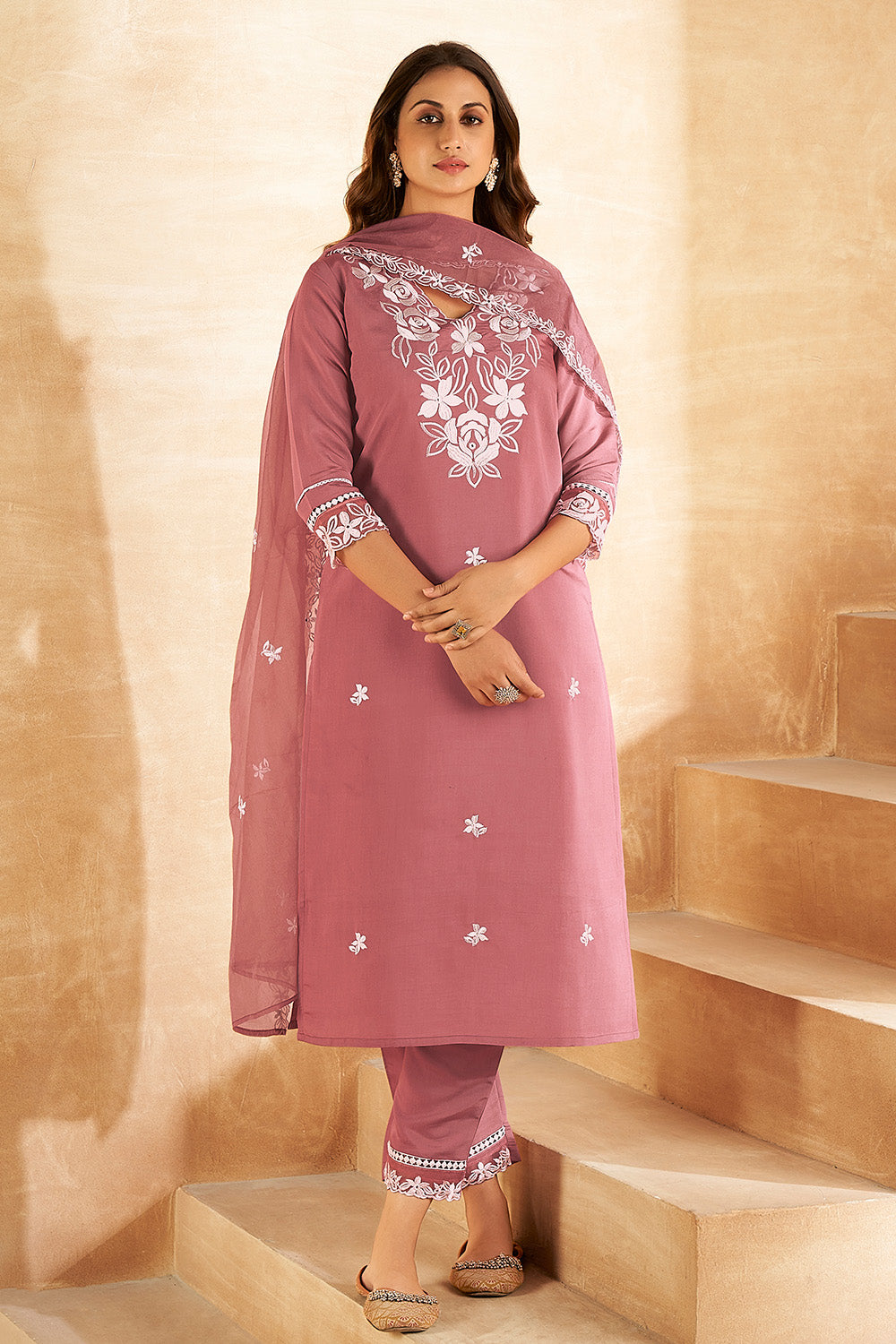 Peach Color Muslin Resham Embroidered Suit