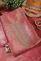 Peach Silk Zari Woven And Embroidered Unstitched Suit Material