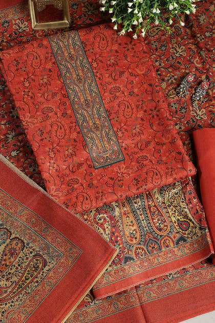 Dark Orange Pashmina Digital Printed Unstitched Suit Fabric