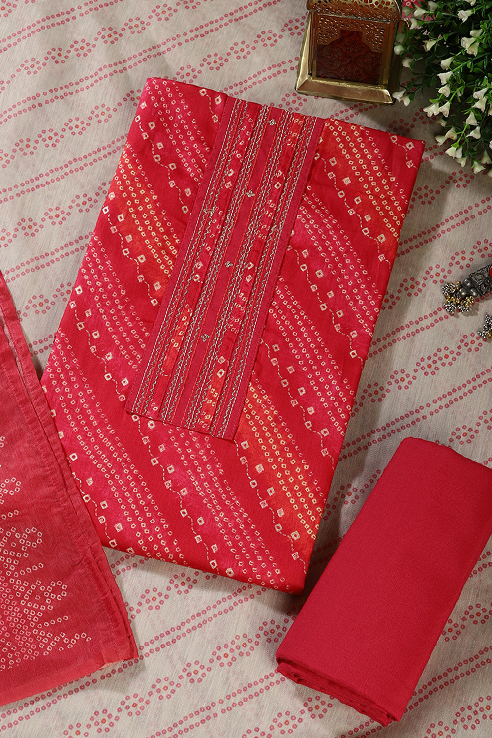 Cardinal Color Cotton Bandhani printed Unstitched Suit Fabric