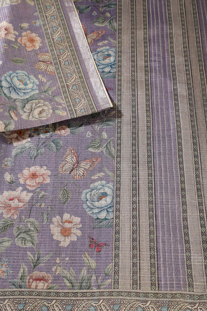 Lavendar Floral Printed Metallic Tissue Saree