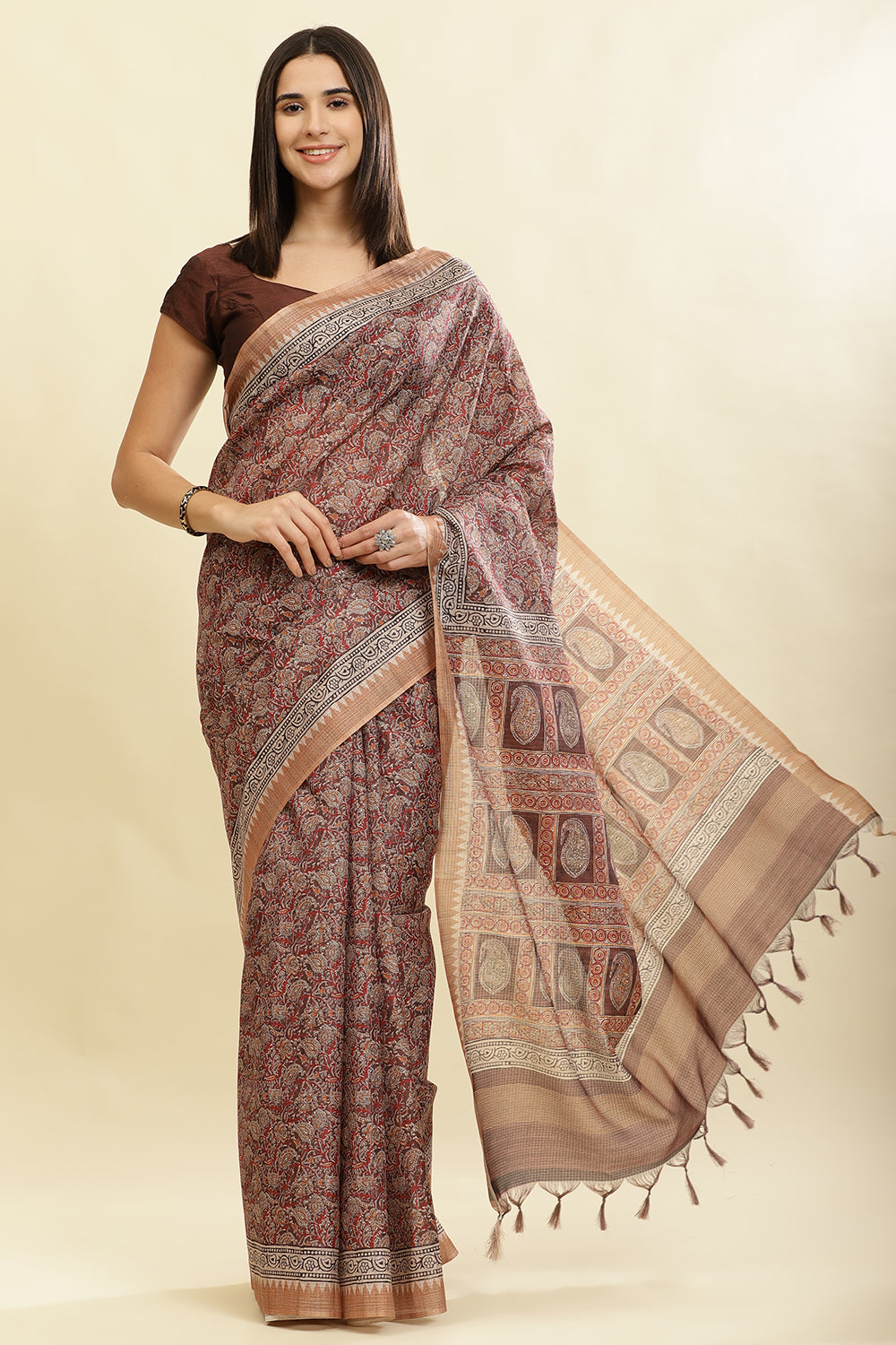 Brown Cotton Silk Floral Boota Printed Saree