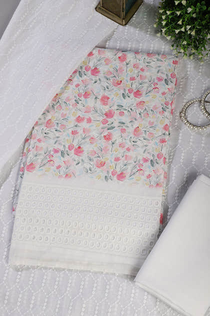 White & Pink Cotton Floral Printed and Resham Embroidered Unstitched Suit Material