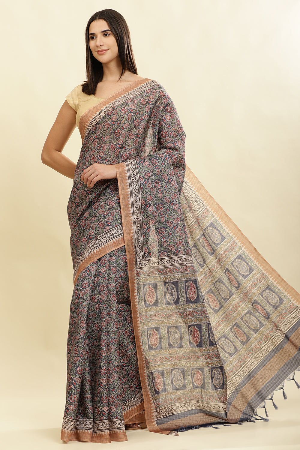 Navy Cotton Silk Floral Boota Printed Saree