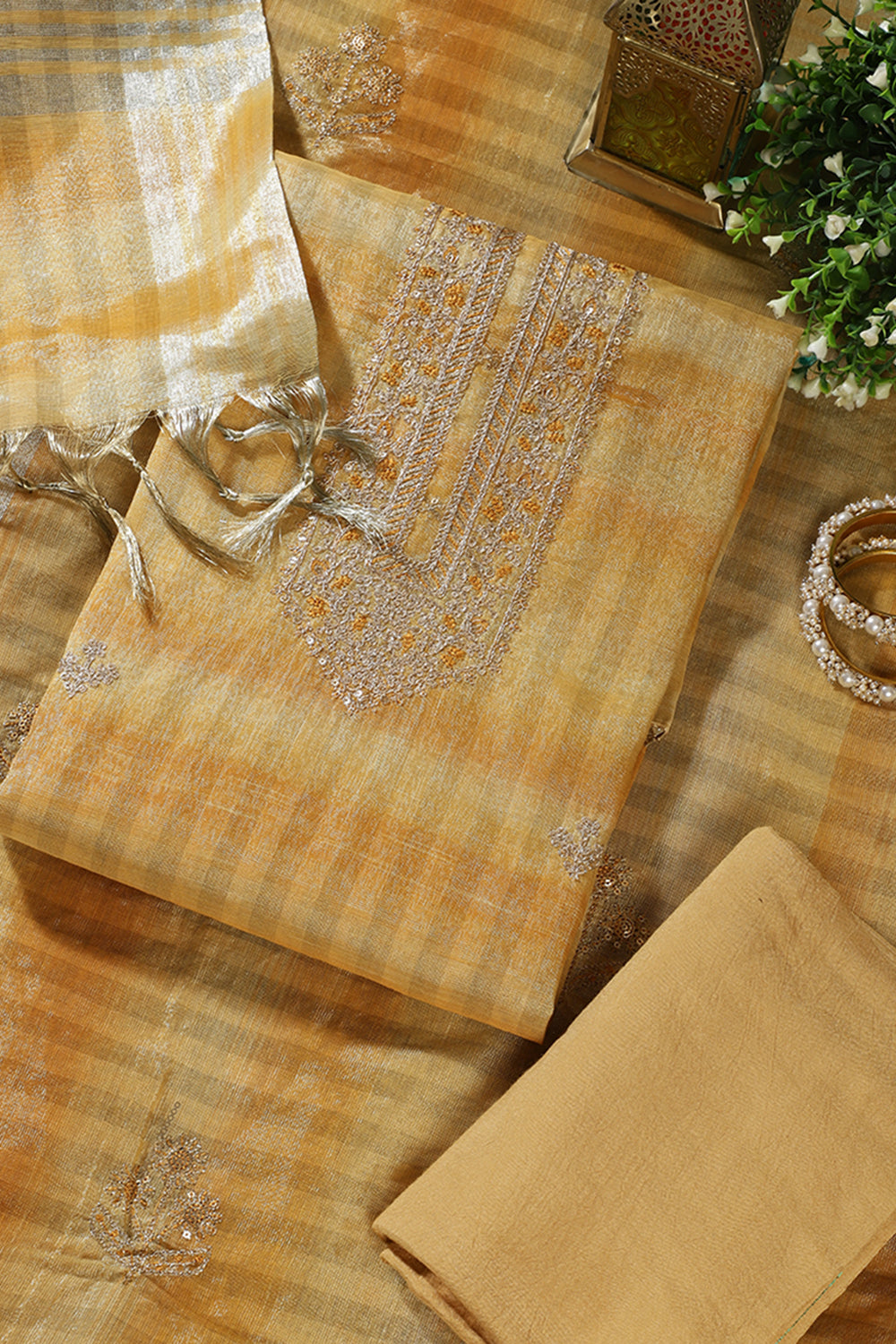 Mustard Tissue Silk Zari And Resham Embroidered Unstitched Suit Material