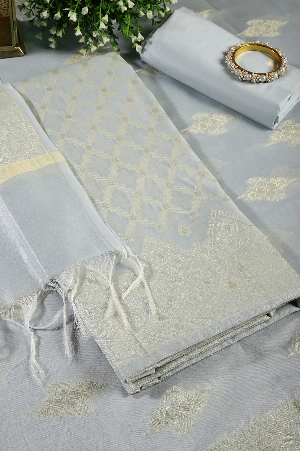 Light Grey Color Chanderi Cotton Woven Unstitched Suit Fabric