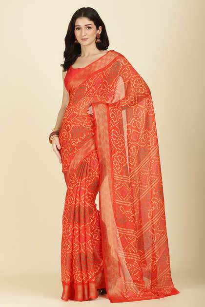 Orange Color Chiffon Bandhani Printed Saree
