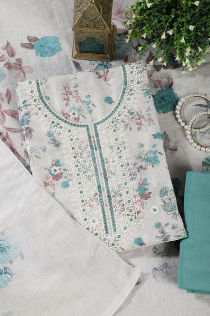 Cream & Terquoise Chanderi Cotton Floral Printed And Embroidered Unstitched Suit