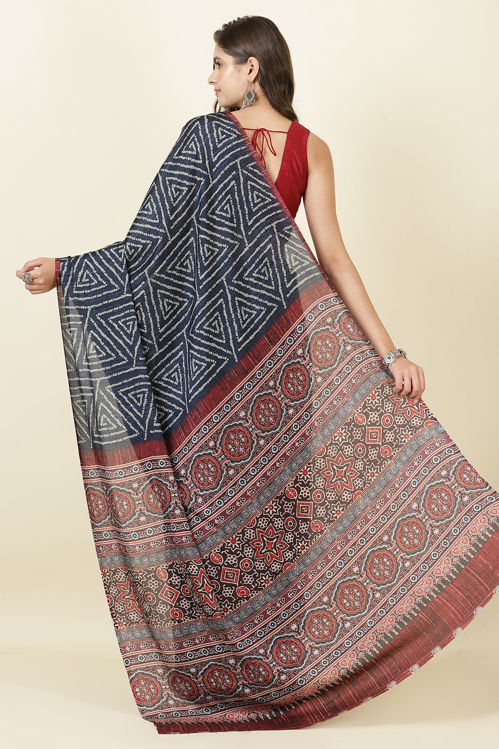Navy Jacquard Silk Bandhani Printed Saree