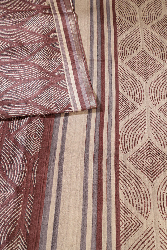 Beige & Brown Tussar Silk Printed Saree