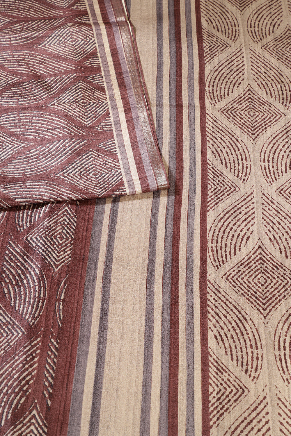 Beige & Brown Tussar Silk Printed Saree