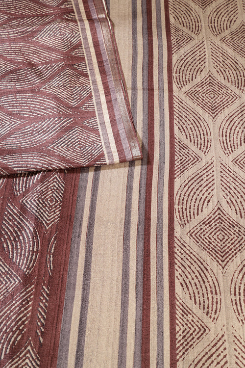 Beige & Brown Tussar Silk Printed Saree