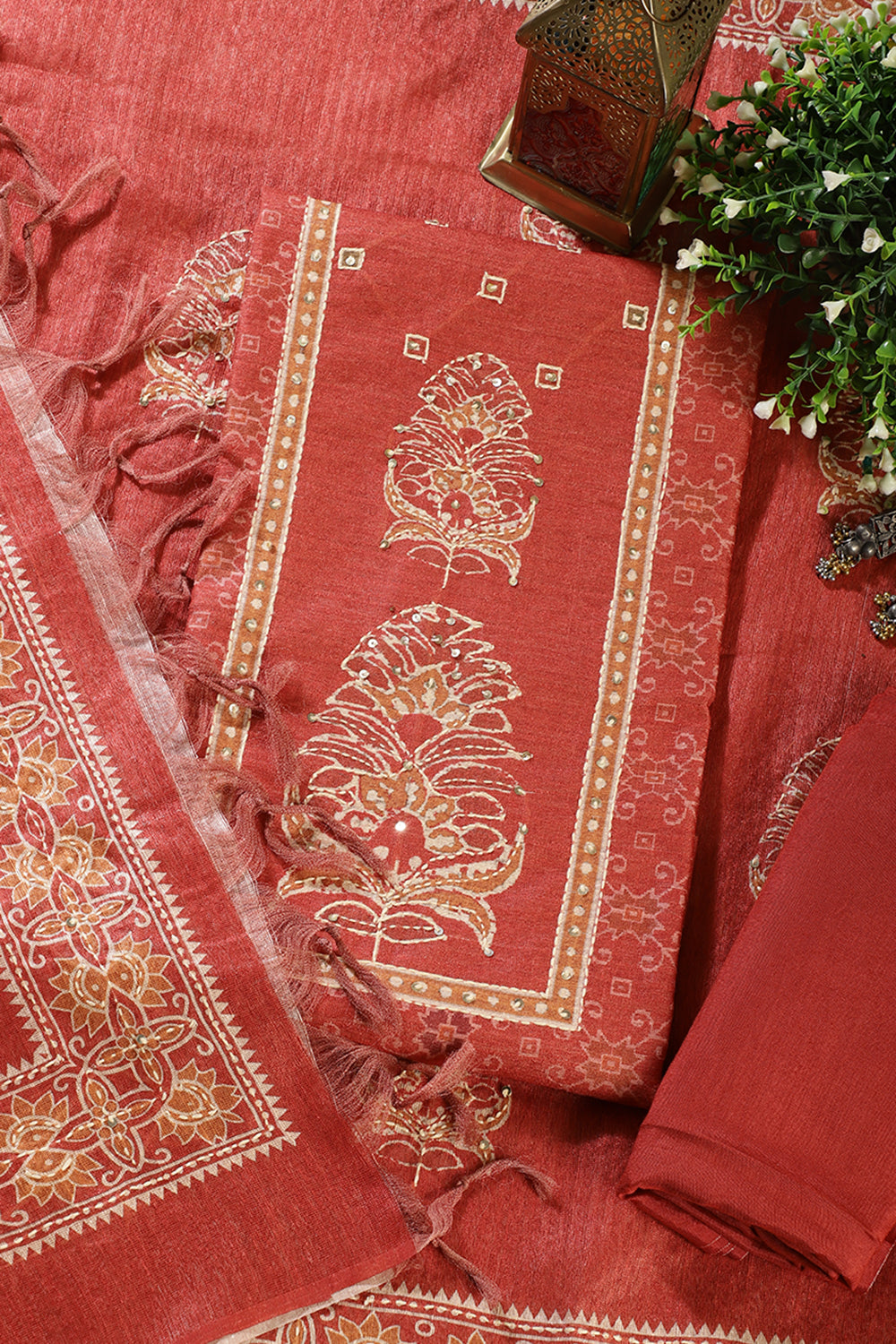 Rust Tussar Silk Printed Unstitched Suit Material