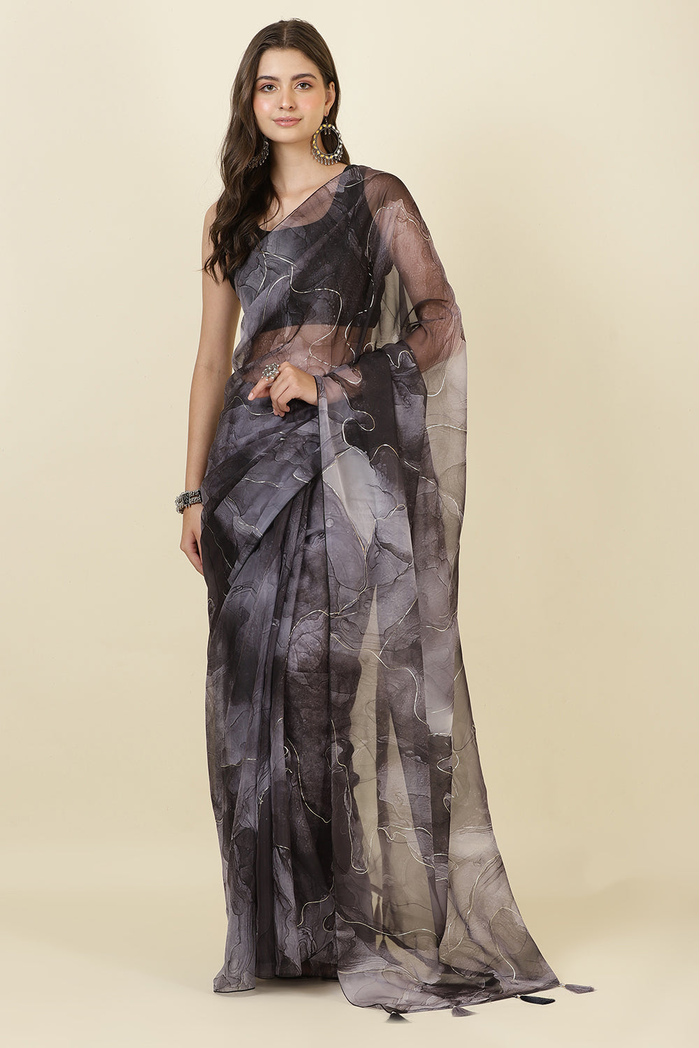 Black Printed Organza Saree