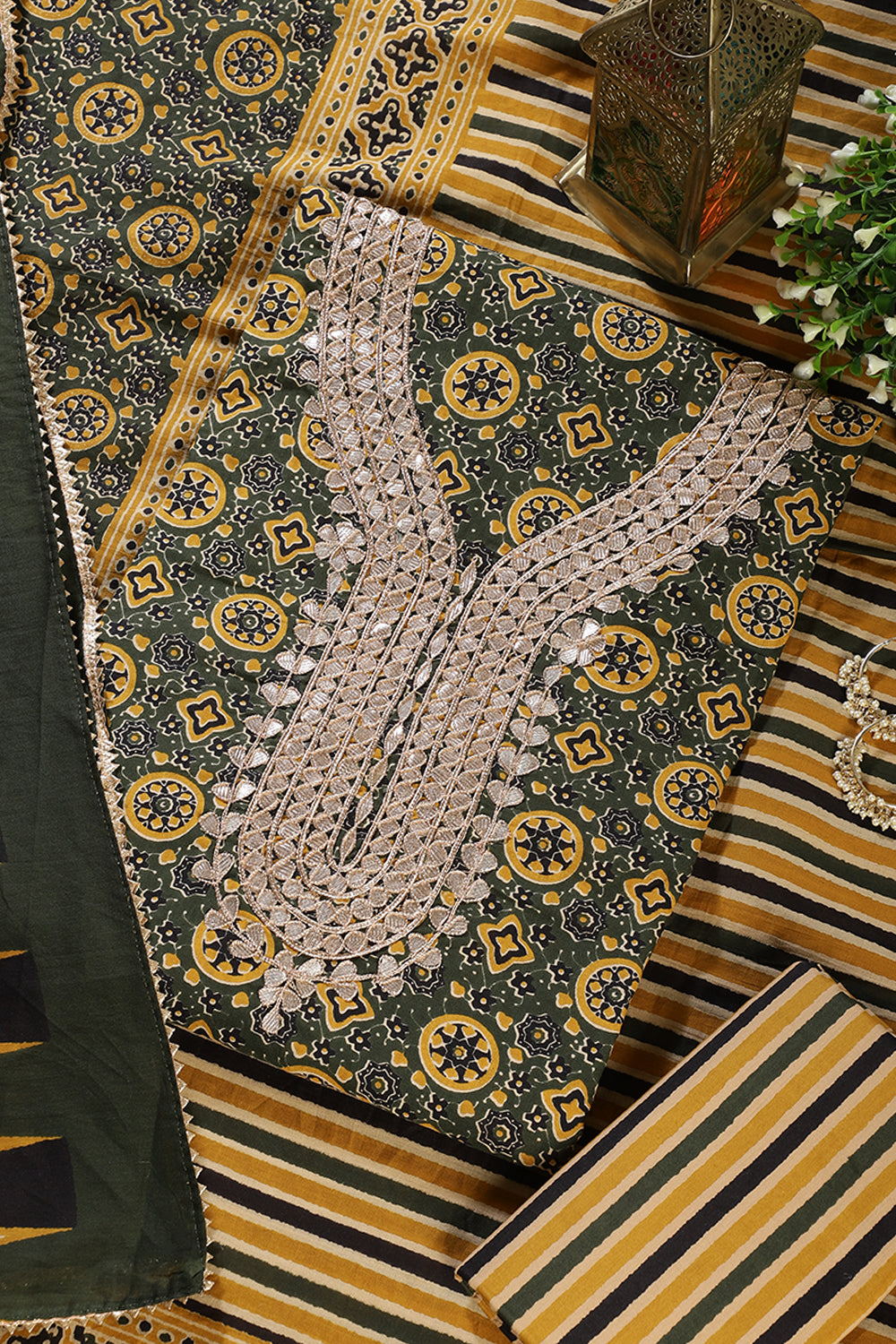 Green Cotton Printed & Neck Embroidered Unstitched Suit Material