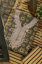 Green Cotton Printed & Neck Embroidered Unstitched Suit Material