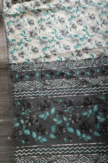 Teal & Cream Colour Floral Printed Cotton Silk Saree