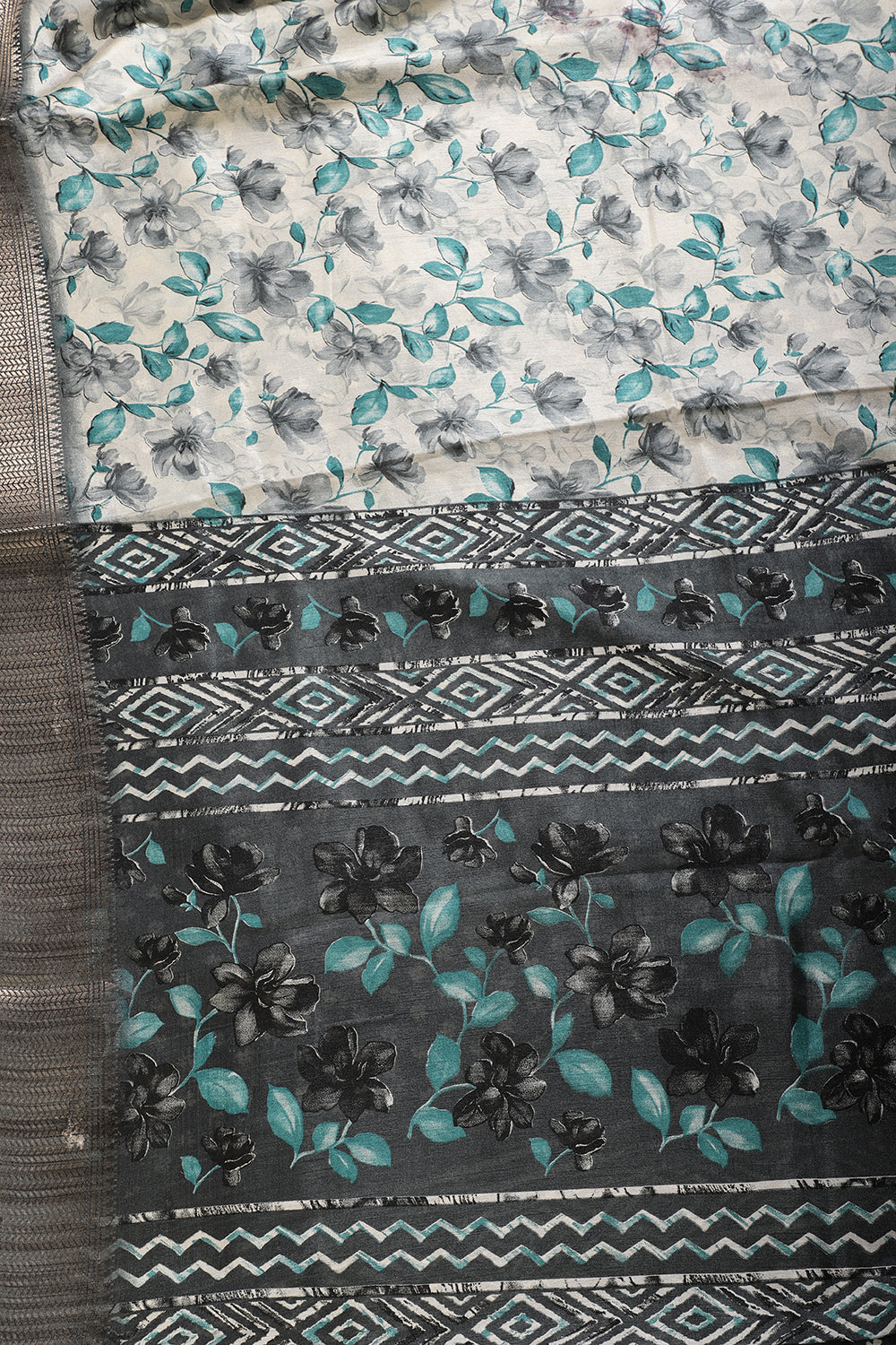 Teal & Cream Colour Floral Printed Cotton Silk Saree