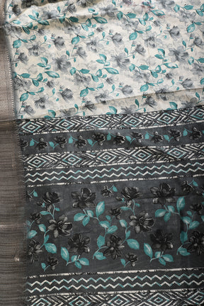 Teal & Cream Colour Floral Printed Cotton Silk Saree