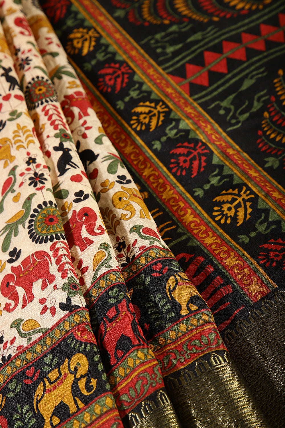Cream & Black Color Tussar Silk Indian Folk Art Printed Saree