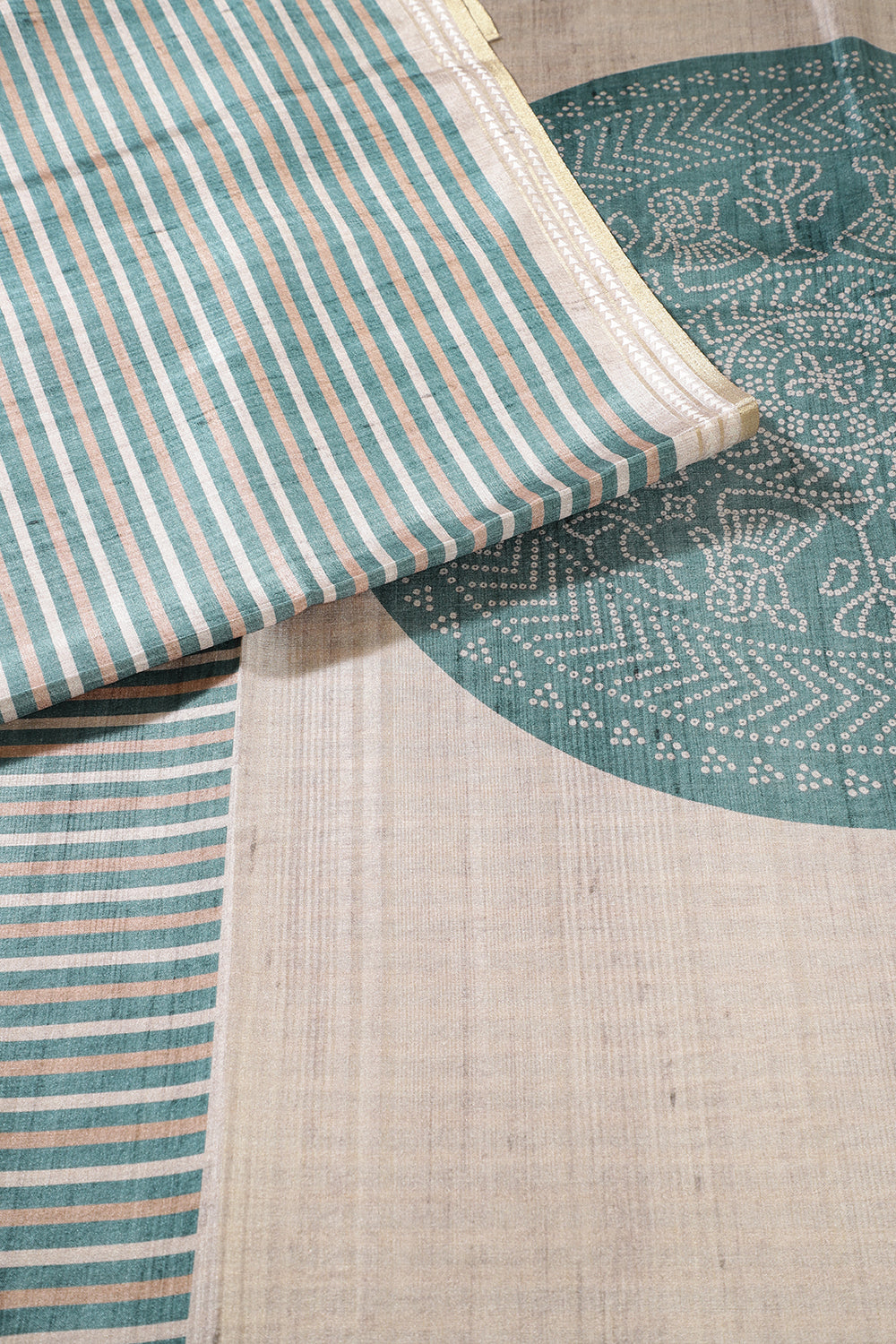 Beige And Teal Tussar Silk Printed Saree