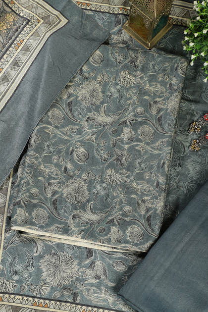 Blue Floral Printed Spun Unstitched Suit Material