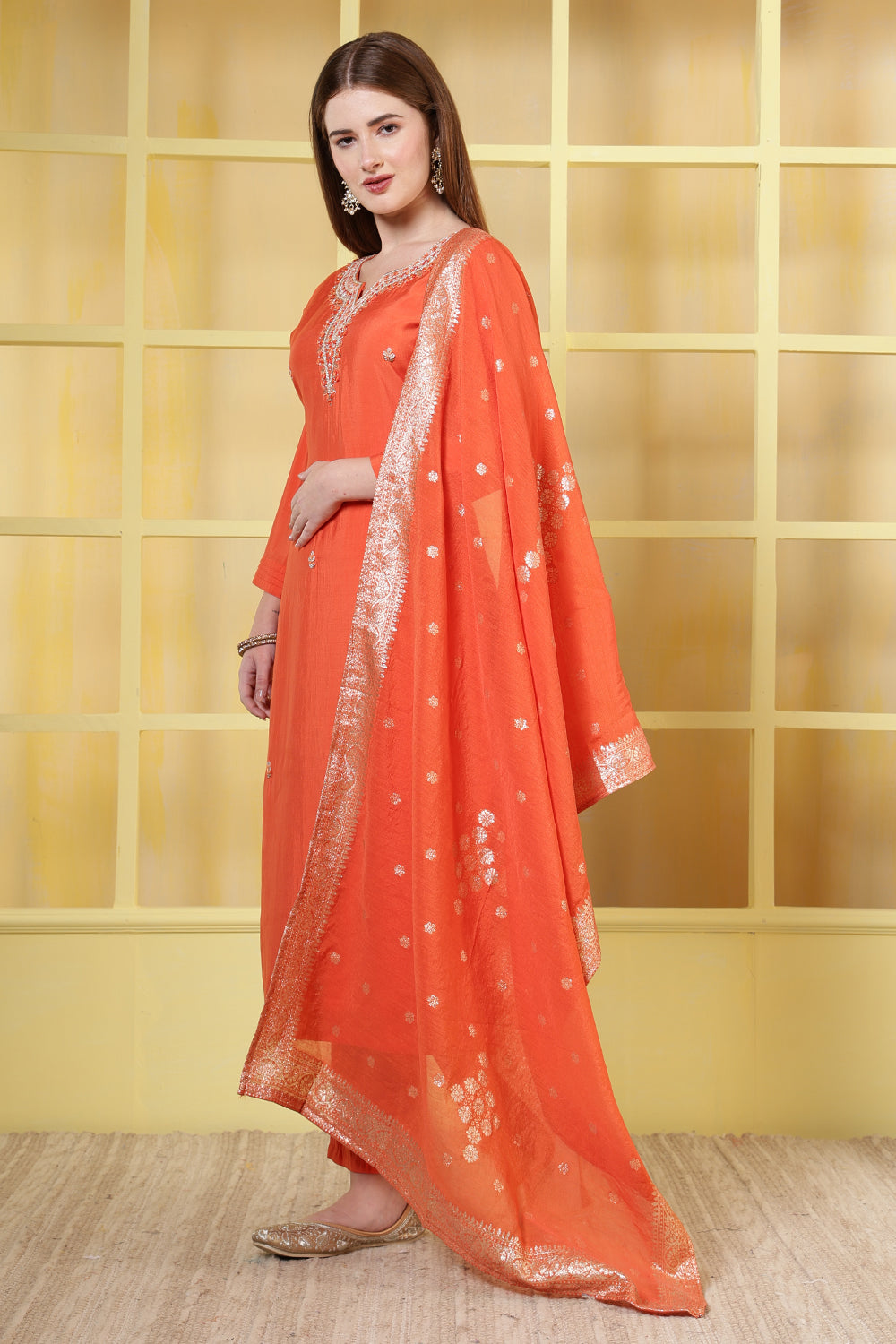 Orange Chanderi Silk Neck-Embroidered Suits