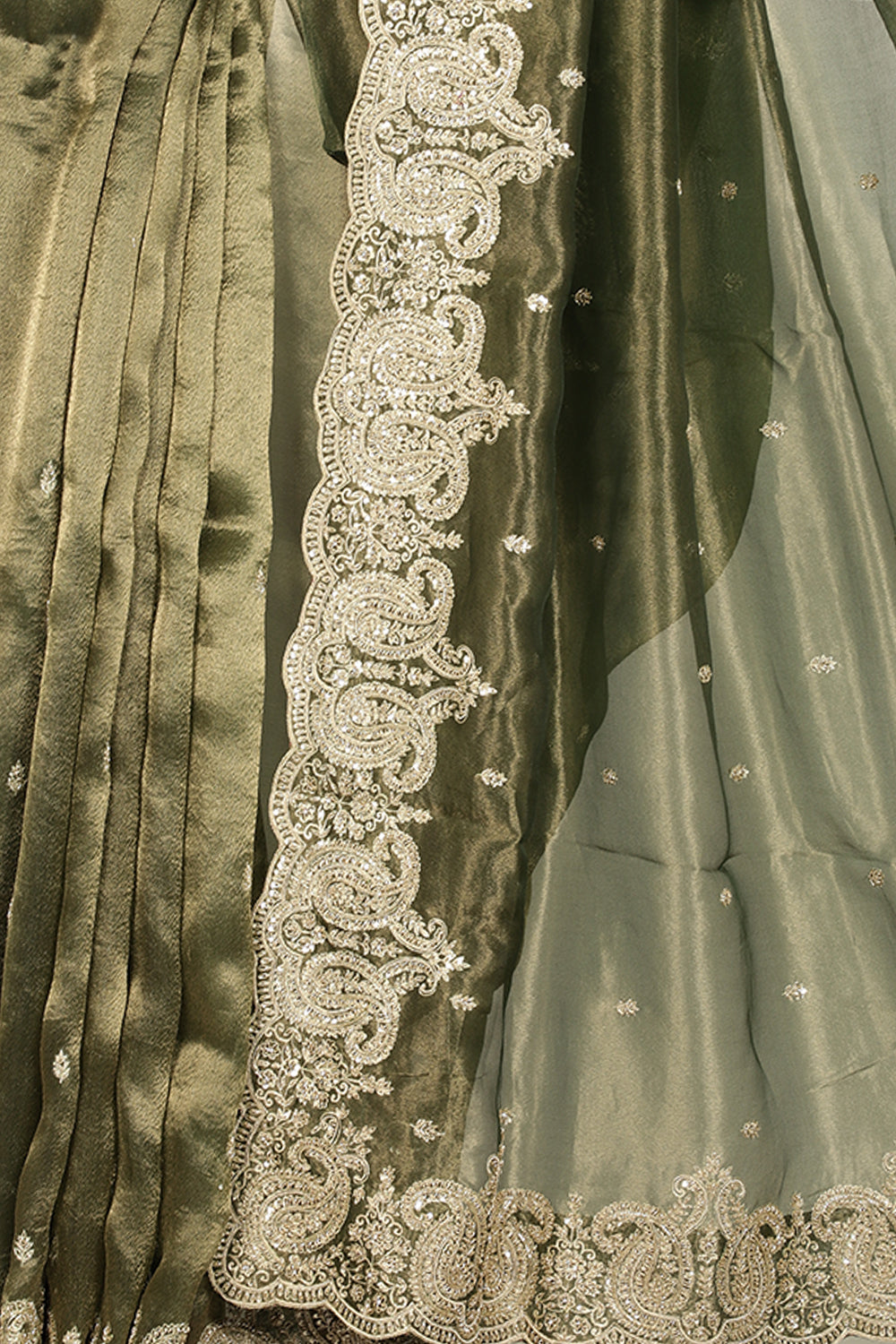 Mehandi Color Pure Tissue Handloom Saree with Sequence & Zardozi Handwork