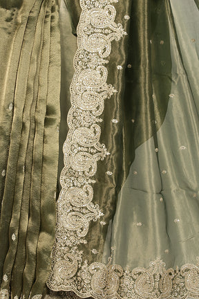 Mehandi Color Pure Tissue Handloom Saree with Sequence & Zardozi Handwork