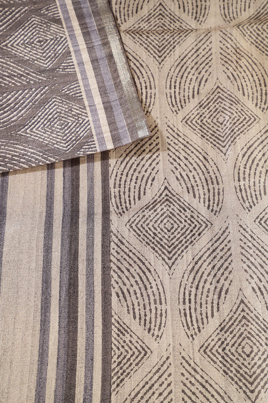 Beige & Sage Green Tussar Silk Printed Saree