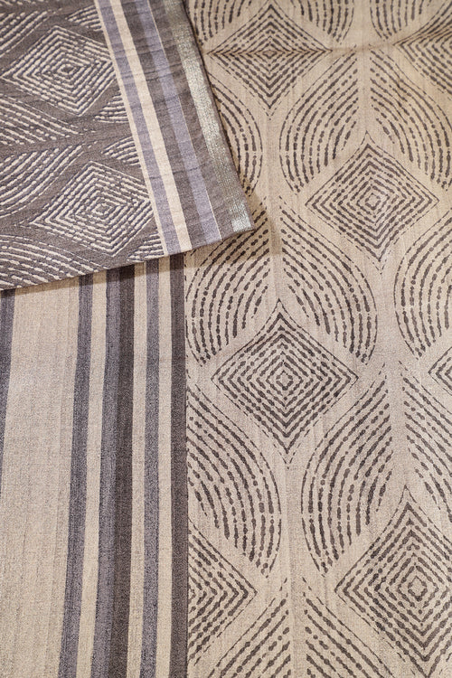 Beige & Sage Green Tussar Silk Printed Saree