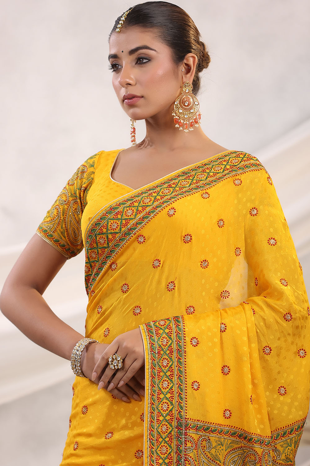 Mustard Color Embroidered Georgette Saree