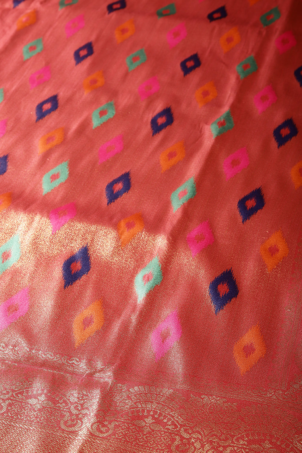 Dark Coral Color Silk Resham and Zari Woven Saree