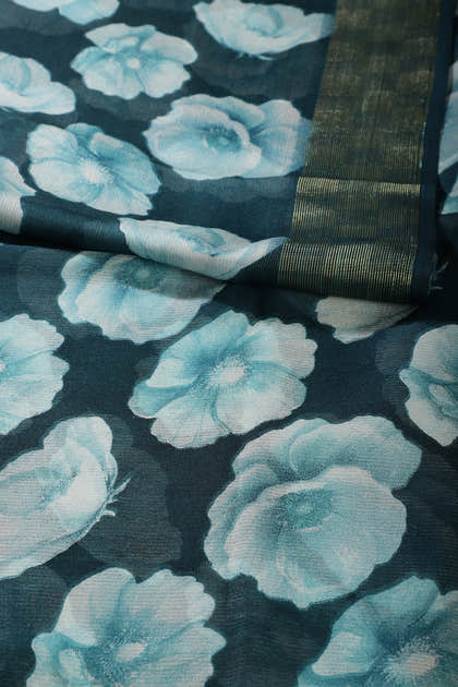 Teal Chiffon Floral Printed Saree