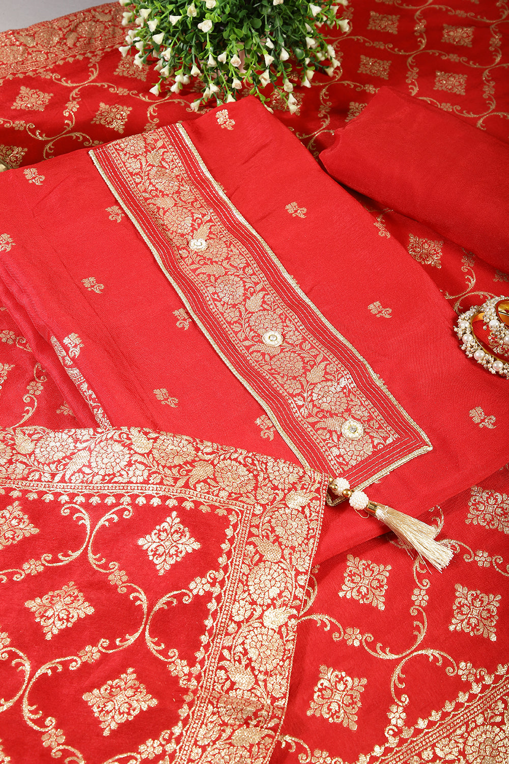 Red Color Crepe Silk Woven Unstitched Suit Material
