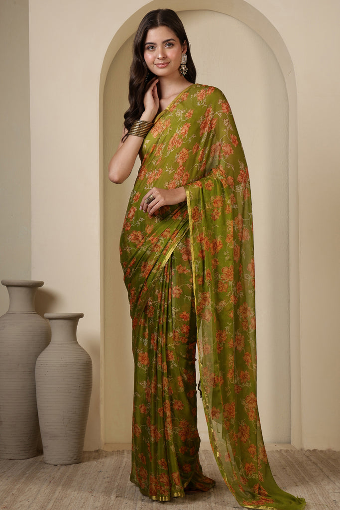 Olive Green  Chiffon Floral Zari Border & Floral Printed Saree