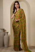 Olive Green  Chiffon Floral Zari Border & Floral Printed Saree