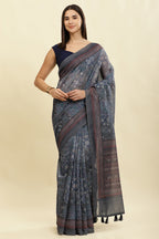 Grey & Blue Cotton Silk Printed Saree