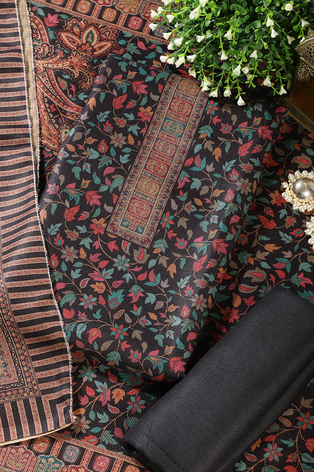 Black Pashmina Floral Printed Unstitched Suit Fabric